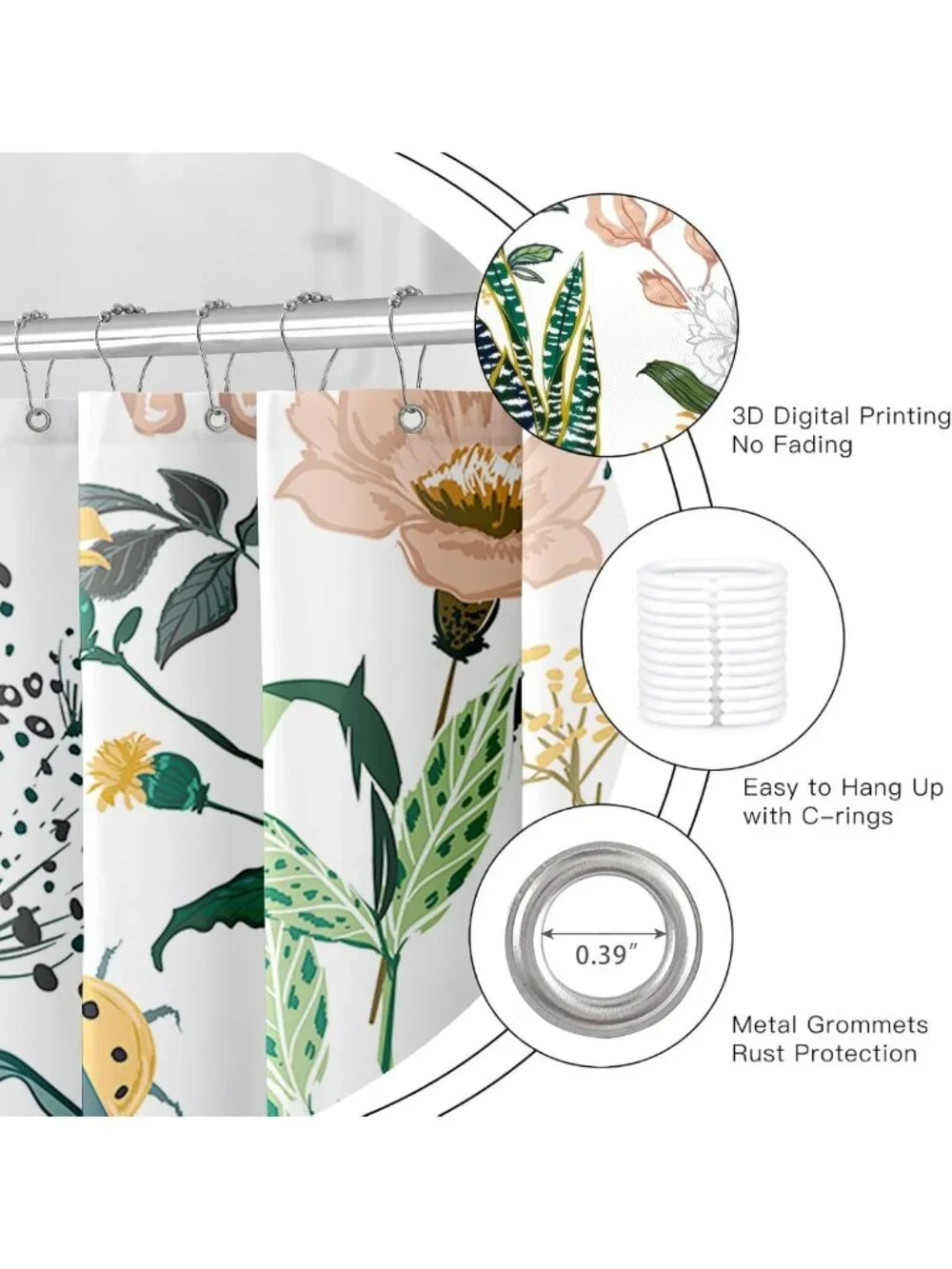 Boho Floral Vintage Shower Curtain - Tropical Leaves & Flowers, 72x72, Cute Bath